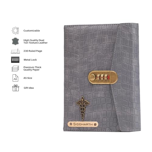 Image of AICA Personalized Name & Charm Leather Lock (Grey) Diary � A5 Size 230 Pages with Combination Lock for Men & Women | Customized Planner Diary College Birthday Gift for Teens Teenager Best Friends