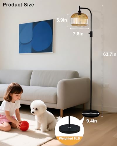 Image of Lightdot 64IN Glass Floor Lamp for Living Room, Dimmable Modern Standing Lamps with Brown Ribbed Glass Shade, Industrial Floor Lamp with Bulb Included for Bedroom /Sofa Beside /Corner Decor-Black