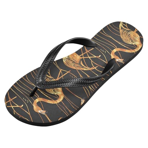 ALAZA Flamingo Gold Pattern Flip Flops for Women Fashion Beach Slippers Comfort Mens Flip Flops Non-Slip Rubber Shower Slippers Sandal for Hotel Travel Sport,XS2