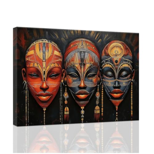 Masque africain cadre noir de 30x45cm et peinture tribale vintage