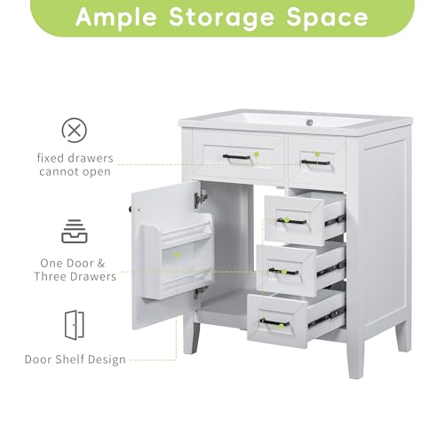 Image of Favfurish 30 inch Bathroom Vanity with Ceramic Sink,Undermount Single Basin Bath Vanity Set w /Soft-Close Door and 3 Drawers,Modern Freestanding Storage Cabinet,Solid Wood Frame,White