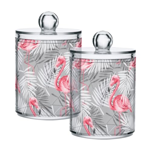 Paquete de 2 botes de almacenamiento para baño, dispensadores de flamencos rosados, hojas grises, tarros de almacenamiento transparentes para maquillaje, almohadillas de bolas de algodón, hisopos,