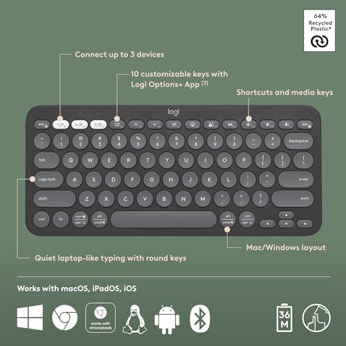 Logitech Pebble Keys 2 K380s Keyboard, Bluetooth, Wireless - Graphite - 5