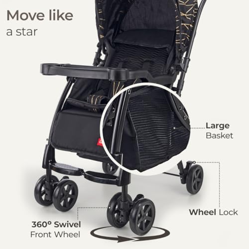 Image of Luvlap Sunshine Plus Stroller /Pram with Reversible Handlebar, 5 Point Harness, 3 Level Recline Adjustment, Compact and Easy Fold, for Newborn Baby /Kids, 0-3 Years (Black)