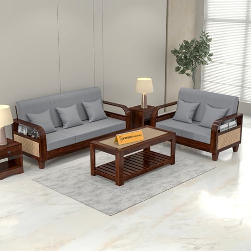 Image of Sheesham Wooden 5 Seater Sofa for Living Room | Solid Wood Sofa with Rattan Cane Side Rack | Rosewood Sofa Set for Home & Office | Lounge (Walnut, 3+2 Seater)