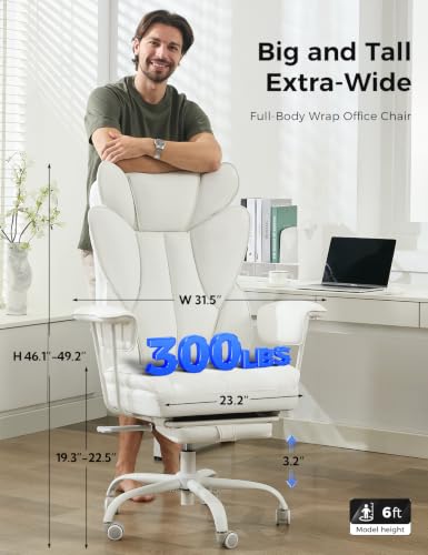 Image of amseatec Big and Tall Office Desk Chair - Wide Ergonomic Executive with Footrest, High Back Lumbar Support Reclining Gaming Computer Chair for Heavy People (White)