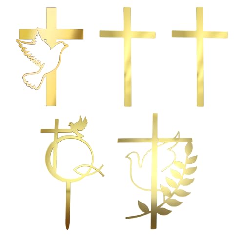 LEMLIN 5 Pièces Décoration Gâteau Communion, Croix et Colombes Dorées, Personnalisable pour la Première Communion et le Baptême