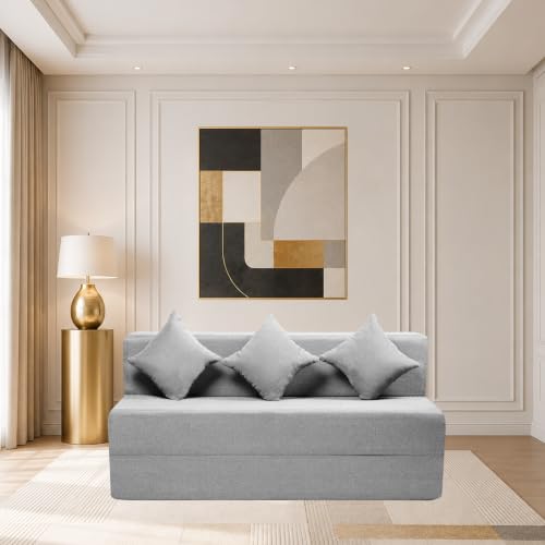 Image of Seventh Heaven Rejioce 4 Seater 6 * 6 Jute Fabric Washable Cover Sofa Cum Bed with 3 Cushions 4 Seater Double Foam Fold Out Sofa Cum Bed (Finish Color - Light Grey Delivery Condition - Pre-Assembled)