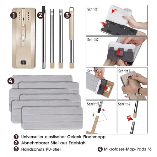 Masthome Wischmopp Set mit Eimer, Mikrofaser Bodenwischer Set mit Einstellbar Edelstahlgriff, 6 Mopp...