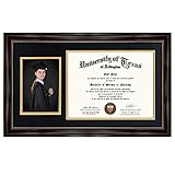 GraduationMall 11x19 Mahogany Diploma and Photo Frame for 8.5x11 Certificate,5x7 Picture,Real Glass,Black over Gold Double Mat