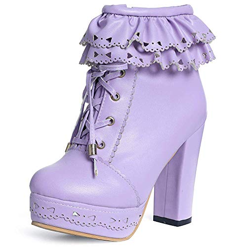 JITUUE Women's Lace Up Platform High Heel Ankle Boots Sweet Lolita Office Chunky High Heel PU Leather Ruffle Lace up Ankle Boots
