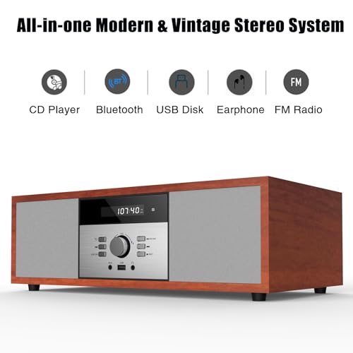Wiscent WTB-797 Nostalgic Bluetooth Stereo System For Home, Wiscent Vintage Micro Hifi Systems Cd Player,With Bluetooth Audio Streaming,Fm Radio,Usb Port,Aux-In,Earphone Port thumb #1