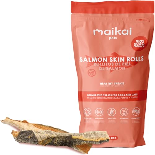 MAIKAI Pets - Rollitos Crujientes de Piel de Salmón - 8 Unidades - Chuches para Perros - 100% Naturales - Snacks Saludables de Pescado Deshidratado - Golosinas Dieta Barf - Premios sanos
