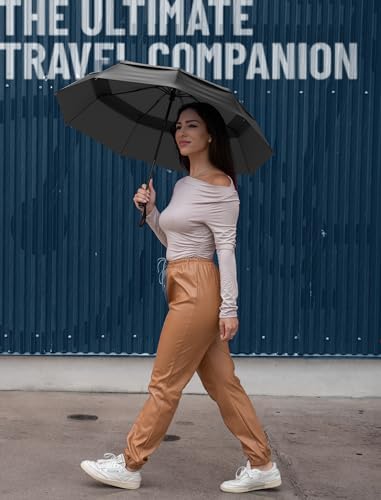 Windproof Travel Umbrella - Compact & Withstands Winds up to 100MPH, Strongest Premium Auto Folding Umbrella for Rain and Sun - Durable, Light & Portable for Women & Men, Fits Backpack & Cars