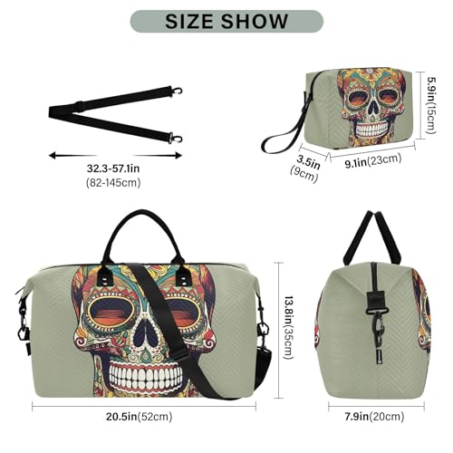Large Travel Duffel Bag, Colorful Mexican Skull Sports Tote Gym Bag, Shoulder Weekender Overnight Bag for Women Men, Carry On Luggage with Toiletry Bags3