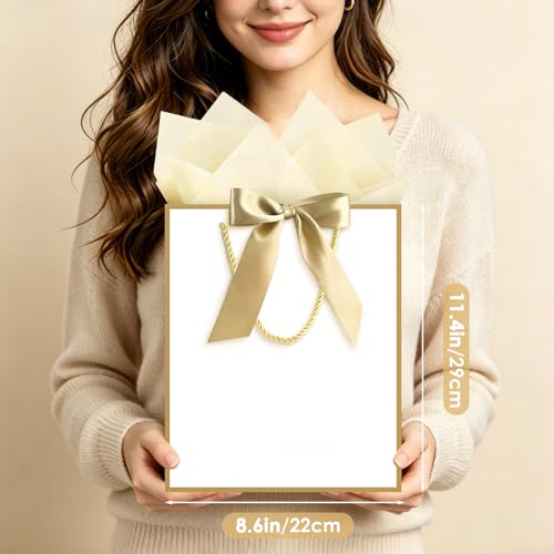 Image of JMANNI Gift Bags with Handles, 11.4 inch Small Mothers Day Gift Bag for Presents, 2 Pcs Bags with 4 Tissue Paper and 2 Cards for Baby Shower Wedding Bridal Shower Mother's Day Birthday Party (white-gold)