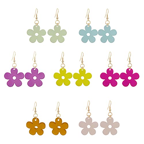 7 Pairs Resin Acrylic Boho Flower Earrings For Women Girls Flower Shaped Daisy Earrings Set Gold Color (8 Pairs) #TOP14