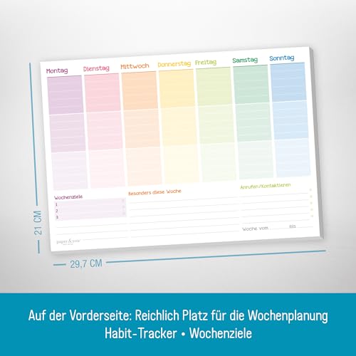 paper&you® Wochenplaner Block A4 ohne festes Datum [Rainbow] 50 Blatt |Terminplaner mit To-Do-Liste, Einkaufsliste, großem Notizfeld & mehr | klimafreundlich & nachhaltig