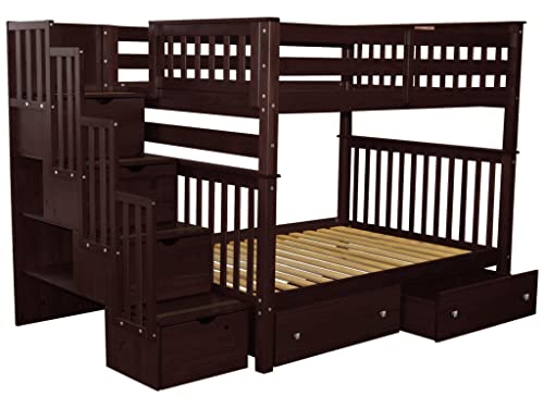 Bedz King Stairway Bunk Beds Full Over Full With 4 Drawers In The Steps And 2 Under Bed Drawers, Dark Cherry #TOP2
