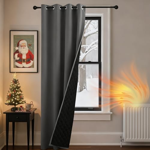 PONY DANCE Single Panel Thermal Door Curtain - Cold Insulated 100% Blackout Front Door Curtain, Windproof Thermal Insulated Thick Panel for Kitchen/Living Room/French Door, 46x84 inches, Grey