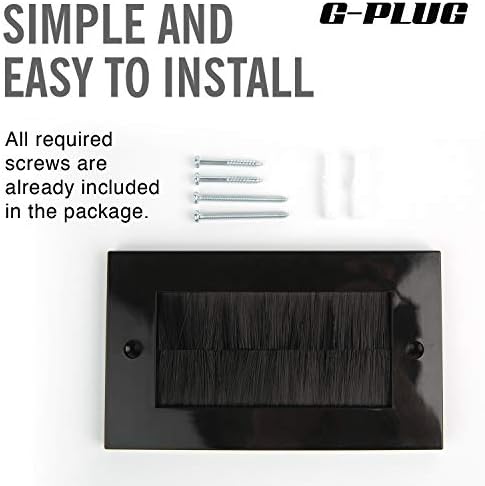 G-PLUG Brush Wall Plate, Decora Style, Cable Pass Through Insert for Wires, Double Gang Cable Access Strap, Standart UK Black Wallplate with Black Brushes