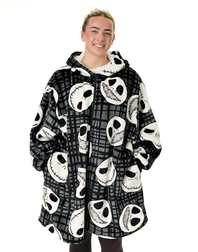 Disney The Nightmare Before Christmas Adults Wearable Blanket Hoodie | Black NMBC Zip Hooded Fleece with Jack Character Print