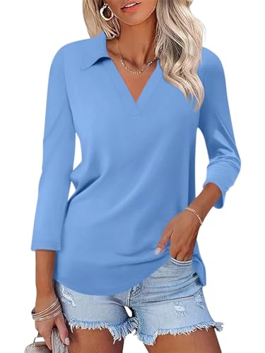 ORANDESIGNE Women's 3/4 Sleeves V Neck Polo Shirts Casual Summer Tops Basic Collar Cute Tees Light Blue