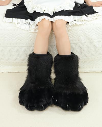 BNLIDES Cosplay Tier Katze Wolf Hund Fuchs Fursuit Füße Pfote Klaue Schuhe Pelzstiefel Kostüm Zubehör für Erwachsene, schwarz/pink, Free Size