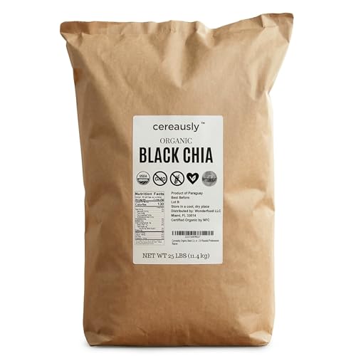 Organic Black Chia Seeds 25 Lb Bulk – High Fiber Omega-3 Superfood, Non-Gmo, Gluten Free, Vegan, Kosher, Whole Chia Seeds For Smoothies, Chia Pudding & Baking – Cereausly