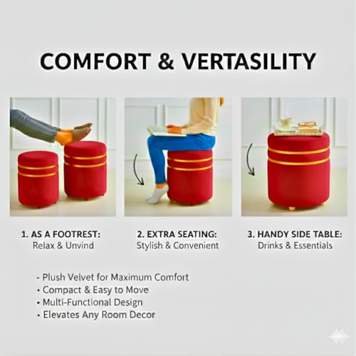 Image of Decorative Ottoman Pouffes for Sitting - Two-Piece Set of Puffy Stools and Footstools - Round Ottoman Stool for Living Room Furniture (RED)