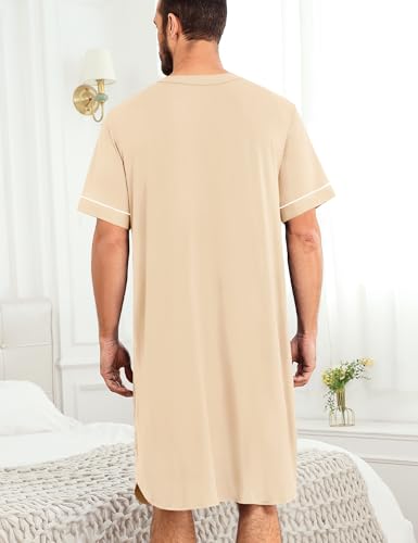 Image of SWOMOG Mens Nightgown Short Sleeve Lounge, Sleep Henley Shirt Pajama Big & Tall Nightshirt Comfy Nightwear M-3XL