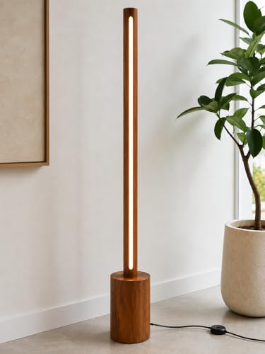 Image of Modern Wooden LED Floor Lamp for Living Room, 45 Inch Ambient Standing Lamp with Warm White Integrated LED, Natural Wood Finish, Minimalist Corner Floor Light for Bedroom, Office & Home Decor