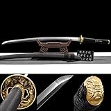 Mieczdieu Handmade Japanese Samurai Sword, Damascus Steel, Loong Shaped Pure Copper Sword Grid Decoration, Full Tang Katana Real