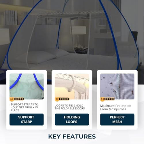 Image of King Size Foldable Mosquito net for Double Queen Bed | Pack of 2 | 30 GSM Polyester Fabric | Corrosion Resistant Steel Frame | Foldable Tent Style machardani with Dual Zipper | Blue