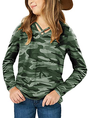 Image of Girls Camouflage Stripe Short Sleeve Shirts V Neck Criss Cross Tees Sweat Kids Casual Sport Tops Blouse(4-15T)