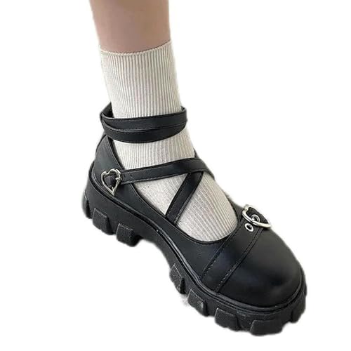 S8DOCFAF Zapatos de mujer Linda plataforma de Lolita con punta redonda, tacón grueso, zapatos de mujer, zapatos kawaii, hebilla en forma de corazón, zapatos de mujer, mate, 38 EU