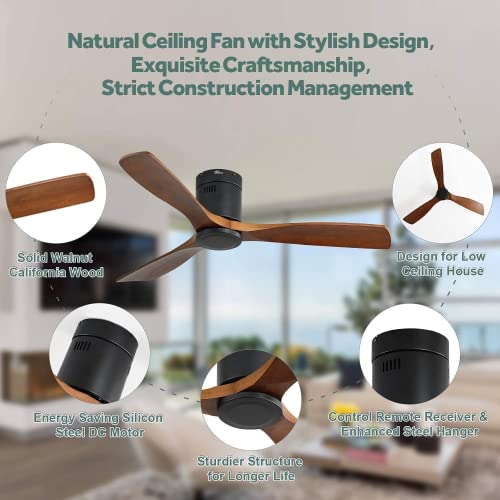 Sofucor 52" Flush Mount Ceiling Fan Without Light Low Profile Ceiling Fan With Remote Control, Ceiling Fan No Light With 3 Reversible Walnut Wood Blades Noiseless Dc Motor #TOP2