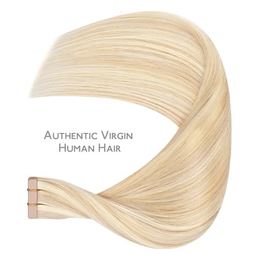 Image of WENNALIFE Tape in Hair Extensions Human Hair Balayage Light Wheat Platinum Blonde Tape in Extensions, 10pcs 25g 16 inch Remy Invisible Tape Ins Straight Colored Soft Real Human Hair Tape in Extensions