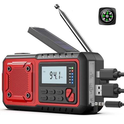 Radio de emergencia de manivela, meteorológica, solar, con pilas, NOAA/AM/FM, cargador de teléfono, alarma SOS