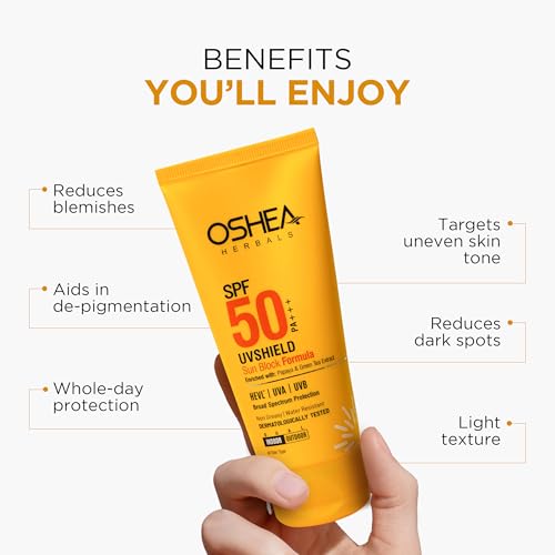Image of Oshea Herbals UVShield Sunscreen Spf 50 PA+++ for Women & Men | Lightweight & Water Resistant | UVA & UVB Protection | Enriched with Papaya & Green Tea | All Skin Types - 120g
