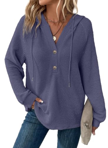 Image of Dokotoo Hoodies for Women Waffle Knit Button V Neck Casual Sweatshirt Tops
