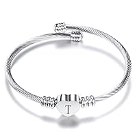 LSxAB Women Initial T Letter Cuff Silver Bracelet Heart Capital Name Expandable Bangle Wristband Bracelets Stainless Steel