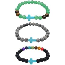 Christian Cross Beaded Bracelet for Men Women 8MM Natural Stone Stretch Link Charm Chakra Bracelet, Religious Cross Jewelry for Faith, Baptism