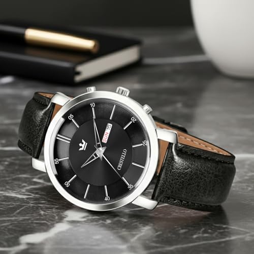 Image of CRESTELLO Brown /Green /Black Leather Strap Analog Wrist Watch with Day-Date Display for Men (Silver /Green /Brown /Black Dial) | CR-WT210