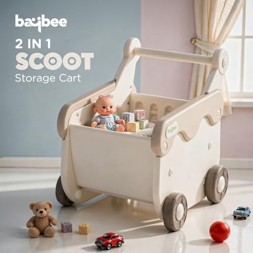 Image of Baybee 2 in 1 Push Walker with Shopping Cart for Kids | Smooth Rolling Wheels, Rounded Edges, WideToy Storage Organizer | Walking Support for Baby Boys & Girls 0-3 Years (White & Brown)