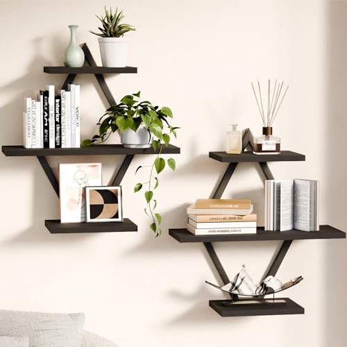 Image of Floating Shelves, Wall Shelf Set of 2, Wall Mounted Shelves, 3-Tier Hanging Wall Shelves for Bathroom, Living Room, Bedroom, Kitchen, Office (Black)