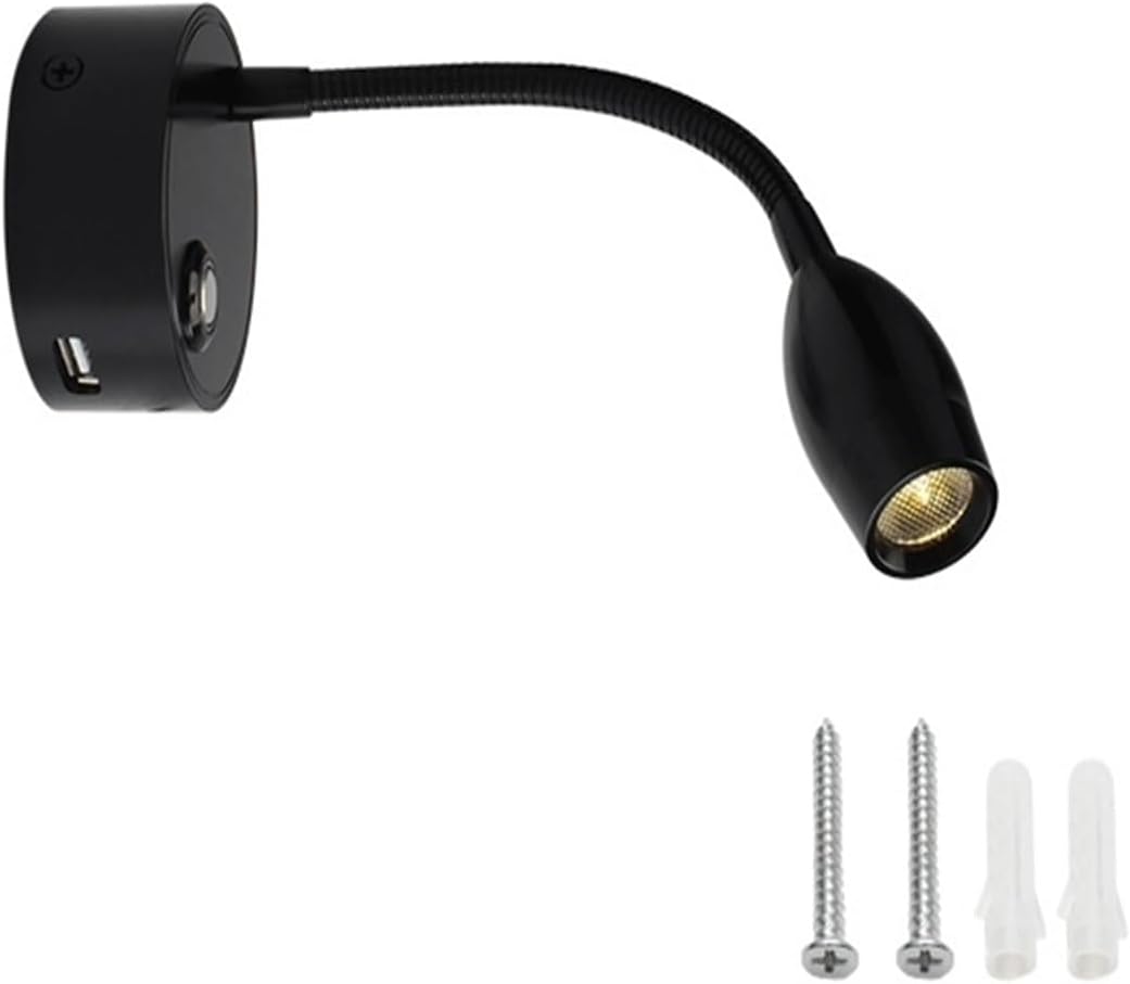 2 W LED Headboard Reading Light Touch Dimmable USB Charging Port Hose Light Reading Wall Lamp(Black,White Light)