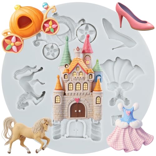 MINFEIDMS Cinderella Fondant Mould Fairy Tales Castle Pumpkin Carriage Princess Dress Crystal Shoes Silicone Moulds for Sugar Cake Decorating Cupcake Topper Candy Chocolate Gum Paste Polymer Clay