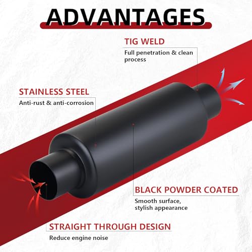 Image of LCGP 2.25 inch Inlet Universal Resonator Muffler, 2.25 inch Outlet 13.77 inch Overall Length Stainless Steel High Performance Muffler, Polished, Pass-Thru Design Black 2pack