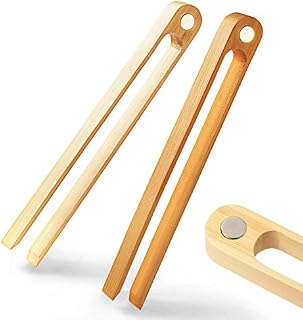 Magnetic Bamboo Toaster Tongs: 100% Natural 8.7 Wood Kitchen Toast Tongs| Eco-Friendly, Space Saving Modern Kitchen Accessory for Home Restaurant | Set of 2
